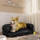 Ein entspannter Corgi, der auf einem schwarzen Hundebett in einem gemütlichen Raum mit hellen Vorhängen, einem Hundenapf und Spielzeug in der Nähe liegt.