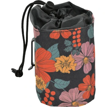 Floral-patterned pet waste bag dispenser with a drawstring closure and a clip for attachment, featuring vibrant red, pink, and yellow flowers.