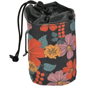Floral-patterned pet waste bag dispenser with a drawstring closure and a clip for attachment, featuring vibrant red, pink, and yellow flowers.