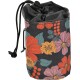 Floral-patterned pet waste bag dispenser with a drawstring closure and a clip for attachment, featuring vibrant red, pink, and yellow flowers.