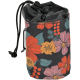 Floral-patterned pet waste bag dispenser with a drawstring closure and a clip for attachment, featuring vibrant red, pink, and yellow flowers.