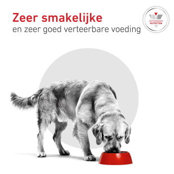 Hond eet uit een rode kom; bovenaan de tekst 'Zeer smakelijke en zeer goed verteerbare voeding'; badge met tekst 'VETERINARY NUTRITION'.