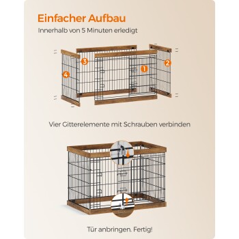 Montageanleitung für eine Tierbox mit Schritt-für-Schritt-Illustrationen und deutschen Anweisungen: "Einfache Montage," "In 5 Minuten fertig," "Tür anbringen. Fertig!"
