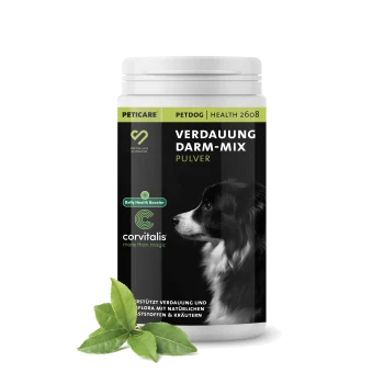 Weißer Behälter von Peticare Petdog Verdauung Darm-Mix Pulver mit einem Hundebild und grünen Blättern vorne.