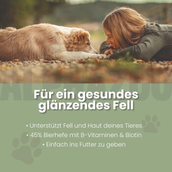Packung mit ALPHAZOO Bierhefe-Tabletten für Haustiere, die die Immunität fördern und Vitamine B, Folsäure und Biotin enthalten.