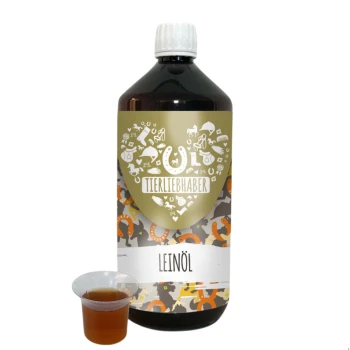 Eine Flasche Leinöl mit der Aufschrift "TIERLIEBHABER" mit einem dekorativen Design, das Tierikonen zeigt, neben einer kleinen Tasse des Öls.