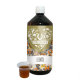 Eine Flasche Leinöl mit der Aufschrift "TIERLIEBHABER" mit einem dekorativen Design, das Tierikonen zeigt, neben einer kleinen Tasse des Öls.
