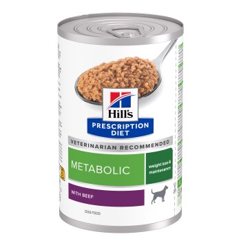 Pâtée en conserve Hill's Prescription Diet Metabolic pour chiens (au bœuf), avec la mention «Recommandé par les vétérinaires» et «perte de poids & maintien»