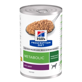 Pâtée en conserve Hill's Prescription Diet Metabolic pour chiens (au bœuf), avec la mention «Recommandé par les vétérinaires» et «perte de poids & maintien»