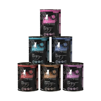 Stapel von sechs Dosen Premium-Katzenfutter von "catz finefood", mit Geschmacksrichtungen wie Rind, Truthahn, Huhn und Lamm, mit bunten Etiketten.
