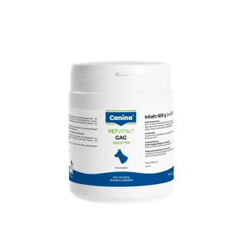 Weißes Gefäß mit Canina PETVITAL GAG Tabletten für Hunde, Aufschrift „Inhalt: 600 g“ und „Für Gelenke, Sehnen & Bänder“.