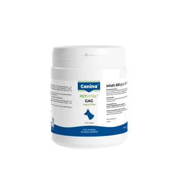 Weißes Gefäß mit Canina PETVITAL GAG Tabletten für Hunde, Aufschrift „Inhalt: 600 g“ und „Für Gelenke, Sehnen & Bänder“.