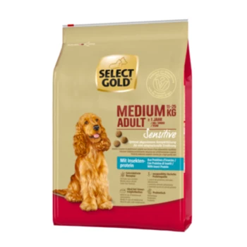 Sac de nourriture pour chiens Select Gold Medium Adult, avec un cocker spaniel doré, étiqueté "Sensitive" avec des protéines d'insectes.