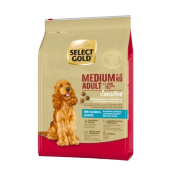 Select Gold Medium Adult Hundefutterbeutel, mit einem goldenen Cocker Spaniel, gekennzeichnet mit "Sensitiv" und Insektenprotein.