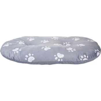 Graues Haustierbett mit weißen Pfotenabdruckmustern, rundem und plüschigem Design, geeignet für Hunde oder Katzen.