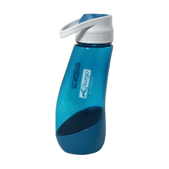 Blaue Haustier-Wasserflasche mit einem weißen Klappdeckel, mit dem Kurgo-Logo und dem Satz 'go together.'