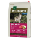 Tüte Real Nature Wilderness Hundefutter "Wild Valley" mit einem Wolf im Wald. Enthält 60% Fleisch, 40% Früchte/Gemüse, keine Körner.