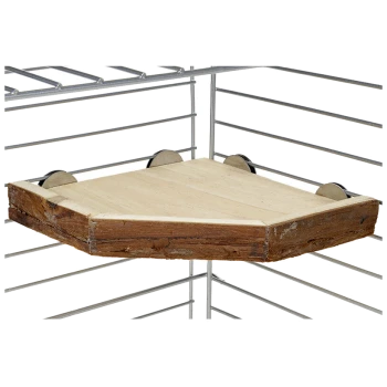Étagère d'angle en bois pour cages d'animaux de compagnie, avec une finition naturelle et des supports en métal, conçue pour les petits animaux.