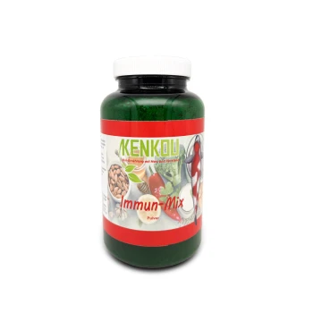 Grüne Pulverergänzungsmittel-Flasche mit der Aufschrift "Immun-Mix" von Kenkou, mit Bildern von Nüssen und Gemüse auf dem Etikett.