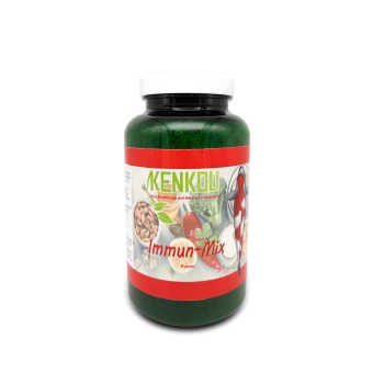 Grüne Pulverergänzungsmittel-Flasche mit der Aufschrift "Immun-Mix" von Kenkou, mit Bildern von Nüssen und Gemüse auf dem Etikett.