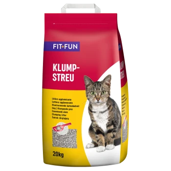 Ein 20 kg Sack FIT+FUN Klumpstreu mit einer getigerten Katze auf der Vorderseite, mit Text in mehreren Sprachen, einschließlich "KLUMP-STREU."