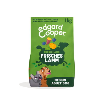 Grüne 1-kg-Edgard-&-Cooper-Tüte: "Fresh Lamb / Frisches Lamm", getreidefrei & hypoallergen, "Medium Adult Dog".