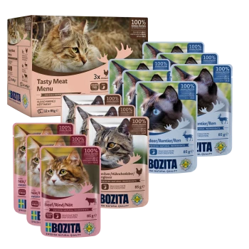 Eine Schachtel Bozita Tasty Meat Menu Katzenfutter mit 12 Beuteln (Huhn, Rind, Rentier), gekennzeichnet mit 100% tierischem Protein und getreidefrei.
