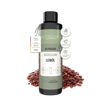 Flasche Alphazoo kaltgepresstes Leinöl für Haustiere mit Leinsamen-Hintergrund und Produktvorteils-Icons.