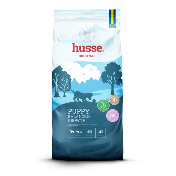 Super Premium Hundefutterbeutel mit der Aufschrift 'Valp Plus' und einem Cartoon-Hund-Logo, das 80% tierisches Protein und Unterstützung der Verdauung hervorhebt.