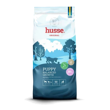 Super Premium Hundefutterbeutel mit der Aufschrift 'Valp Plus' und einem Cartoon-Hund-Logo, das 80% tierisches Protein und Unterstützung der Verdauung hervorhebt.
