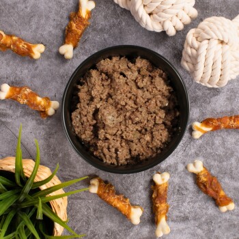 Eine schwarze Schüssel voller Haustierfutter steht auf einer grauen Oberfläche, umgeben von Hundekau-Knochen und einer kleinen Topfpflanze.