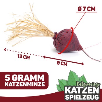 Rotes Katzenspielzeug gefüllt mit 5 Gramm Katzenminze, 13 cm lang und 7 cm breit, mit Stroh, das von einem Ende herausragt.