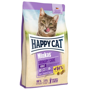 Die Happy Cat Minka's Urinary Care Futtertüte zeigt eine verspielte Katze, die sich die Lippen leckt, mit 84% Fleisch und Unterstützung für die Harnwegsgesundheit.