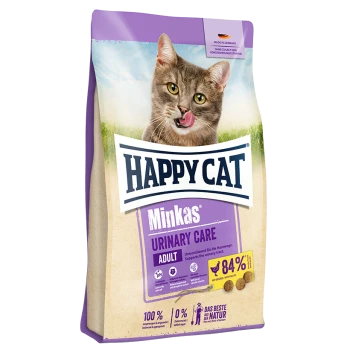 Die Happy Cat Minka's Urinary Care Futtertüte zeigt eine verspielte Katze, die sich die Lippen leckt, mit 84% Fleisch und Unterstützung für die Harnwegsgesundheit.