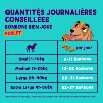 Graphique coloré intitulé "QUANTITÉS JOURNALIERES CONSEILLÉES" montrant les quantités de friandises pour chiens par taille : Petit, Moyen, Grand, Très Grand.