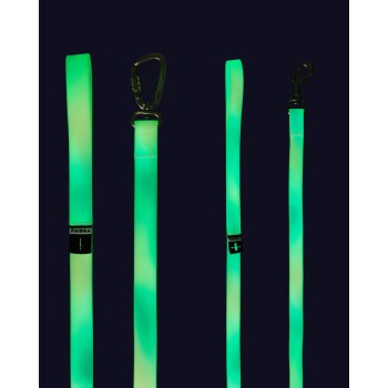 Vier leuchtend grüne Hundeleinen, die vor einem dunklen Hintergrund präsentiert werden, mit Clips und Markenetiketten.