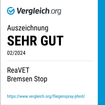 Auszeichnung für ReaVET Bremsen Stop, bewertet mit 'SEHR GUT' von vergleich.org für 02/2024, mit einem Link zur Produktseite.