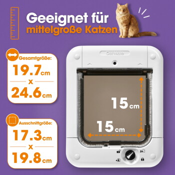 CatMate Katzenklappe in Weiß, mit einer transparenten Klappe und einem Verriegelungsmechanismus mit einem verstellbaren Dial an der Unterseite.