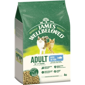 4-kg-Beutel von James Wellbeloved Katzenfutter für Erwachsene von 1-7 Jahren, mit einer Katze und einem Kätzchen, reich an Fisch und hypoallergen.