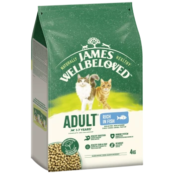 4-kg-Beutel von James Wellbeloved Katzenfutter für Erwachsene von 1-7 Jahren, mit einer Katze und einem Kätzchen, reich an Fisch und hypoallergen.