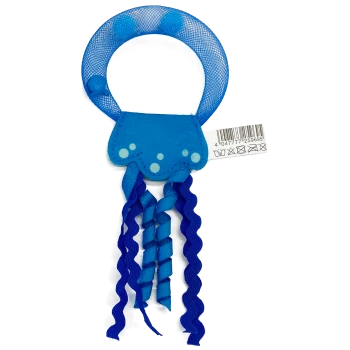 Blaues Netzring-Spielzeug mit Filzoberseite, Pünktchen und herabhängenden, lockigen blauen Bändern; Barcode-Etikett zeigt Nummer 4047777259695.