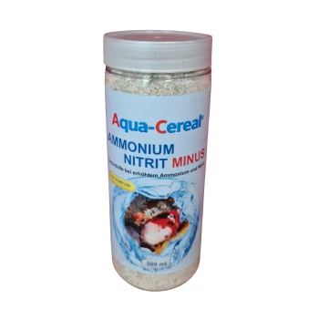 Silberne Tüte mit der Aufschrift 'Aqua Cereal Ammonium EX' mit Wasser-Spritzgrafiken, die anzeigt, dass sie 100.000 Liter Aquarienwasser behandelt.