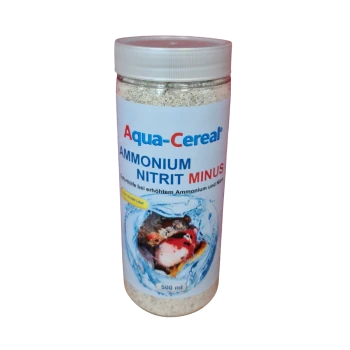 Silberne Tüte mit der Aufschrift 'Aqua Cereal Ammonium EX' mit Wasser-Spritzgrafiken, die anzeigt, dass sie 100.000 Liter Aquarienwasser behandelt.