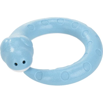 Light blue rubber pet toy shaped like a snake, featuring a textured surface and a round head with two nostrils.