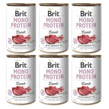 Sześć puszek karmy dla psów Brit Mono Protein, oznaczonych 'Jagnięcina', każda zawierająca 400g. Zawiera tekst o diecie z ograniczonymi składnikami dla psów.