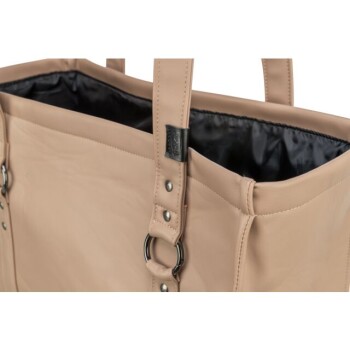 Beige Haustiertragetasche mit schwarzem Innenraum, mit stabilen Griffen und einem Reißverschluss.