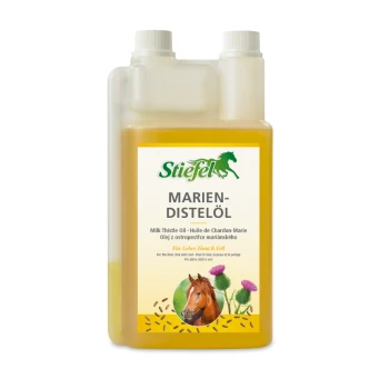 Flasche mit Stiefel-Milchdistelöl für Pferde, beschriftet in Deutsch und Englisch, hebt natürliche Inhaltsstoffe und Vorteile für Haut und Fell hervor.