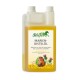 Flasche mit Stiefel-Milchdistelöl für Pferde, beschriftet in Deutsch und Englisch, hebt natürliche Inhaltsstoffe und Vorteile für Haut und Fell hervor.