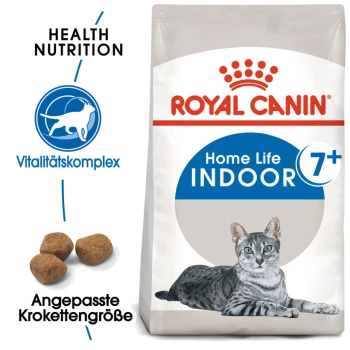 Royal Canin Home Life Indoor 7+ Katzenfutterbeutel mit einer grauen getigerten Katze, mit Text, der "Health Nutrition" und "Vitalitätskomplex" hervorhebt.