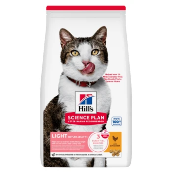 Sac Hill's Science Plan Light pour chats avec chat tigré en train de lécher, étiquette LIGHT Mature Adult 7+ et icône de poulet